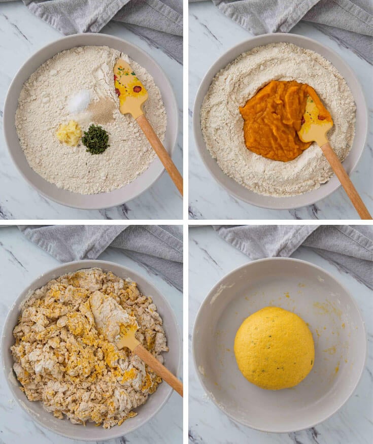 The collage image of the whole wheat pumpkin flatbread dough-making process.