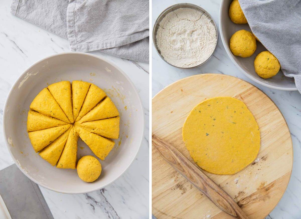 The collage image show flatbread dough divided into small portions and rolled flatbread.