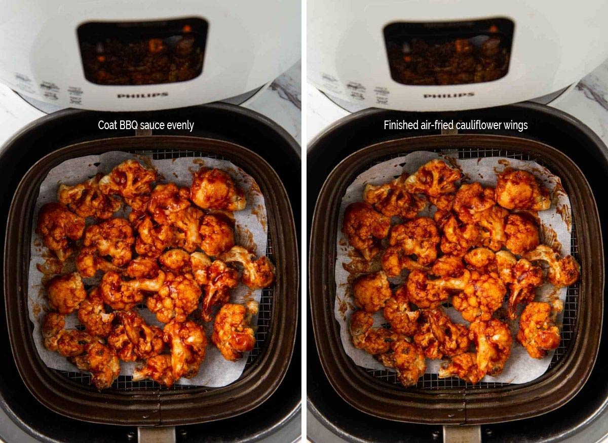 Images of roasted cauliflower wings with bbq sauce in air fryer basket just after coating with barbecue sauce and after final cooking is over.