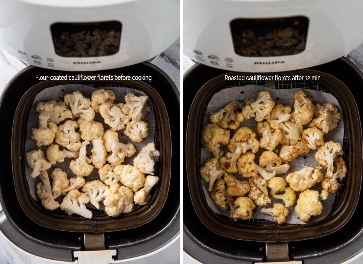 images of flour coated cauliflower florets in the air fryer basket at the beginning and after cooking