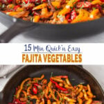 collage image of fajita veggies in cast iron pan.