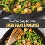 Green beans and potatoes in a skillet pin image with text overlay.