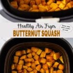 Roasted air fryer butternut squash long pin with text overlay.