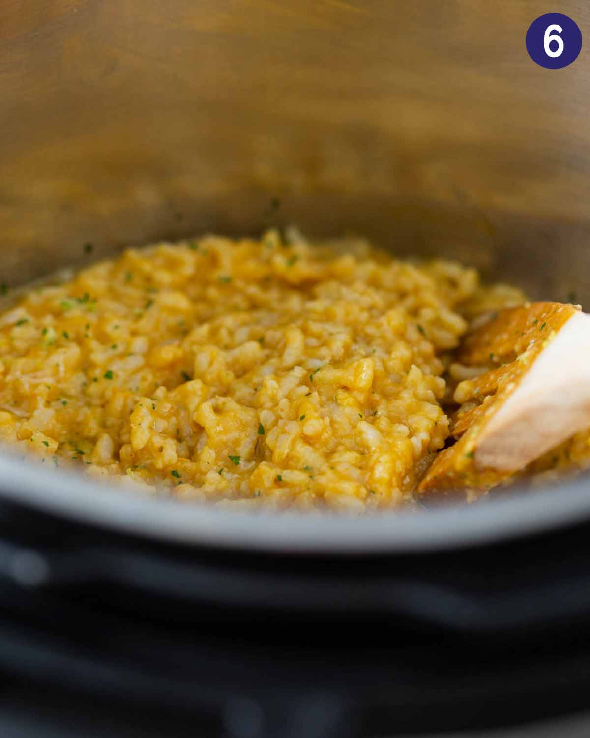 Instant Pot pumpkin risotto after mixing gremolata and is ready to serve.