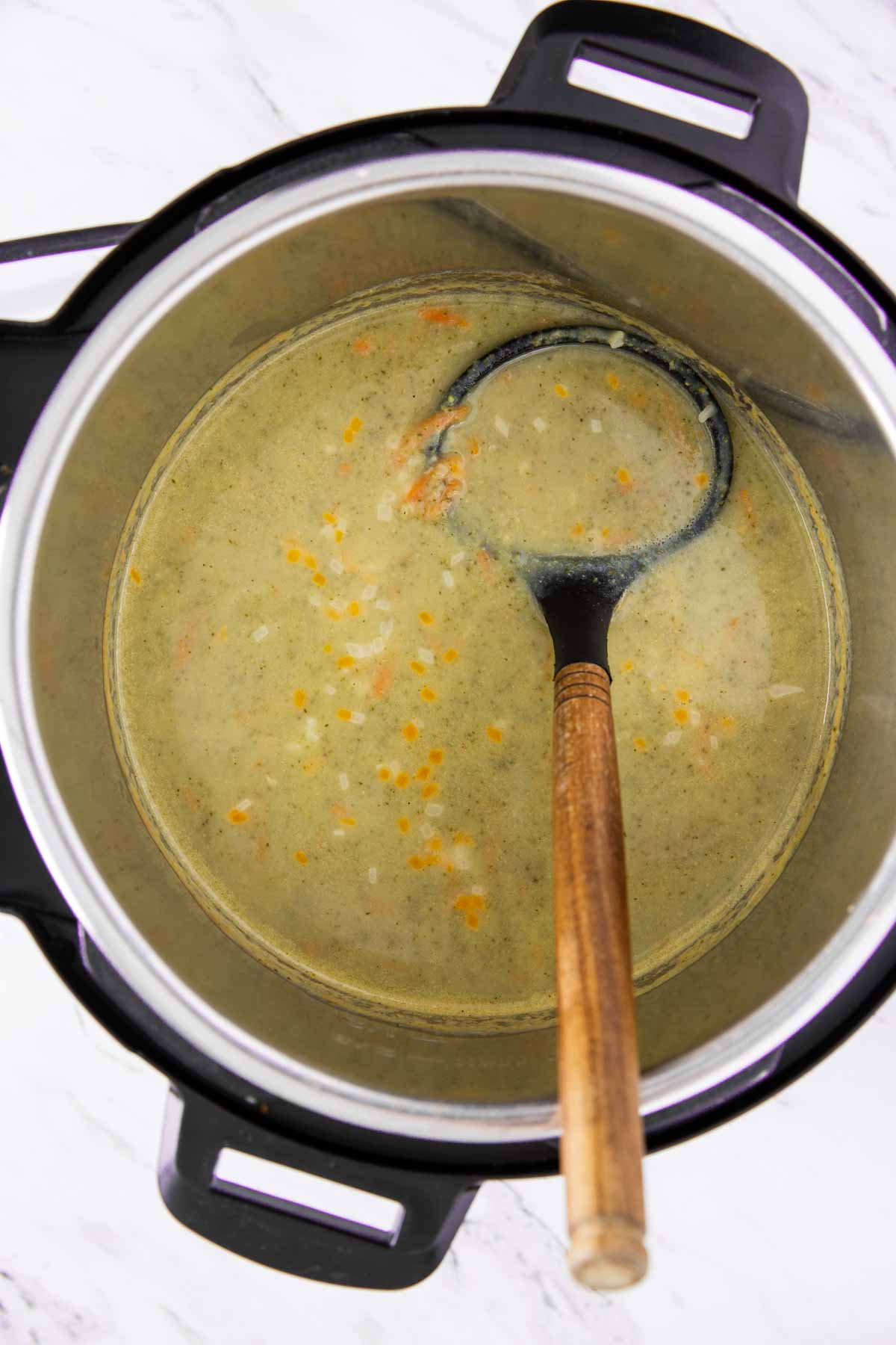 Healthy broccoli cheese soup in Instant Pot is ready to serve.