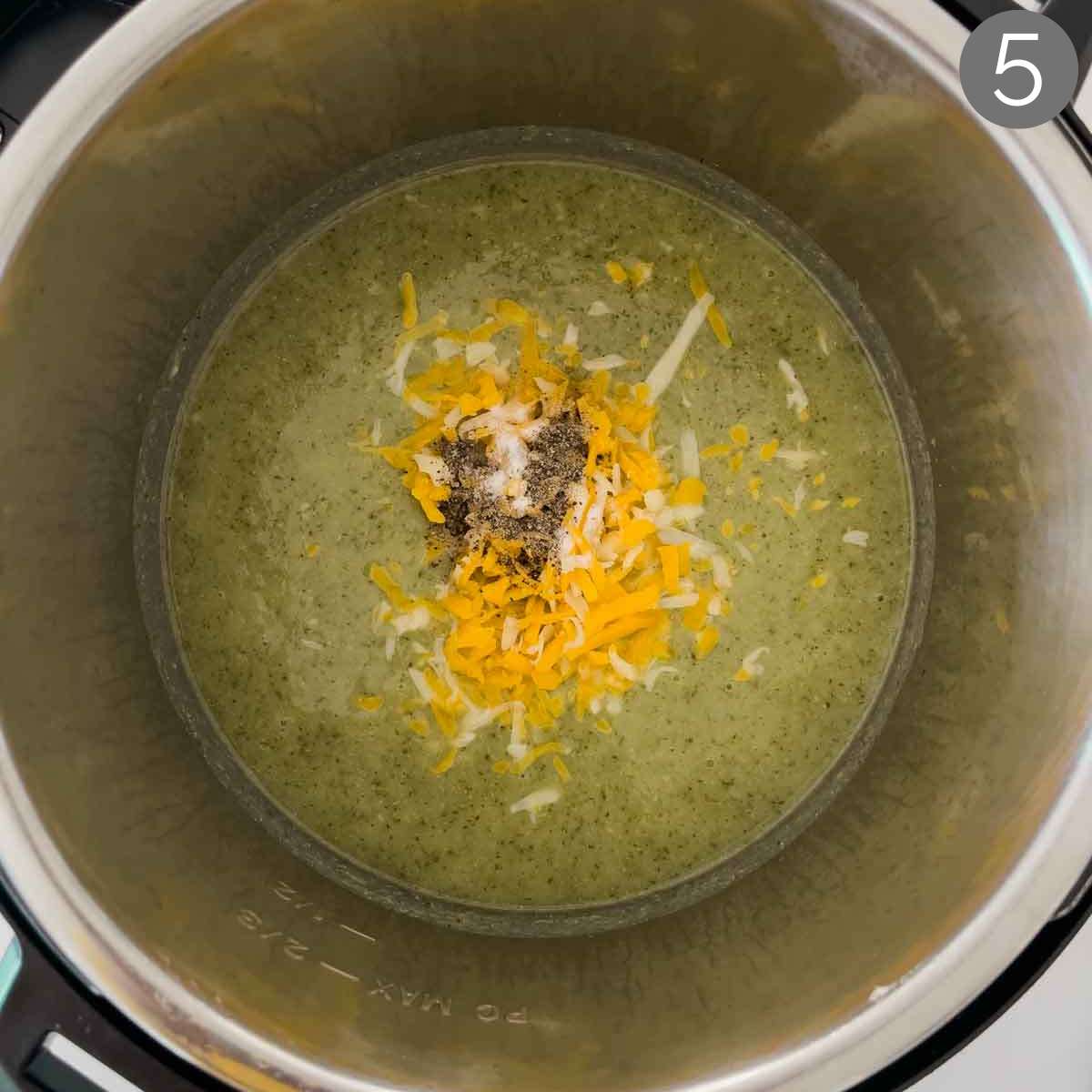 Blended broccoli soup with cheese and seasonings in Instant Pot.
