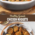 Breaded ground chicken nuggets in a serving shallow bowl with the dipping sauce on the side are ready to serve. The bowl is placed over a round wooden board.