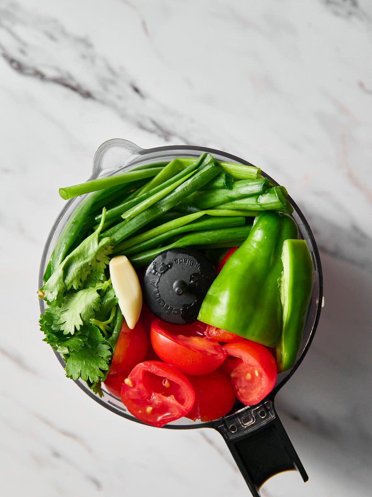 Garden-fresh ingredients to prepare homemade salsa placed in a food processor jar.