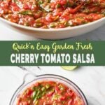 Cherry tomato salsa Pinterest long pin with text overlay.