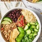 Turkey burrito bowl pinterest pin with text overlay.