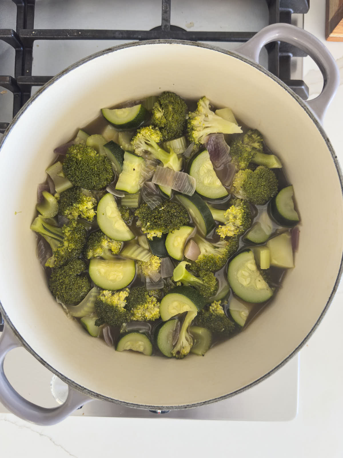 Mixture of broccoli, zucchini. onion and celery with broth in a cast iron pot after cooking.