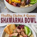A bowl filled with shawarma chicken, creamy hummus, fluffy quinoa, and roasted peppers, topped with fresh cilantro, olives and lime for garnish.