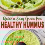 Pinterest collage pin featuring green peas hummus in a bowl and the hummus blending in a food processor jar.