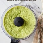 Text overlay on a pin showing "Quick & Easy Healthy Green Hummus" with a photo of blended green pea hummus in a food processor jar.