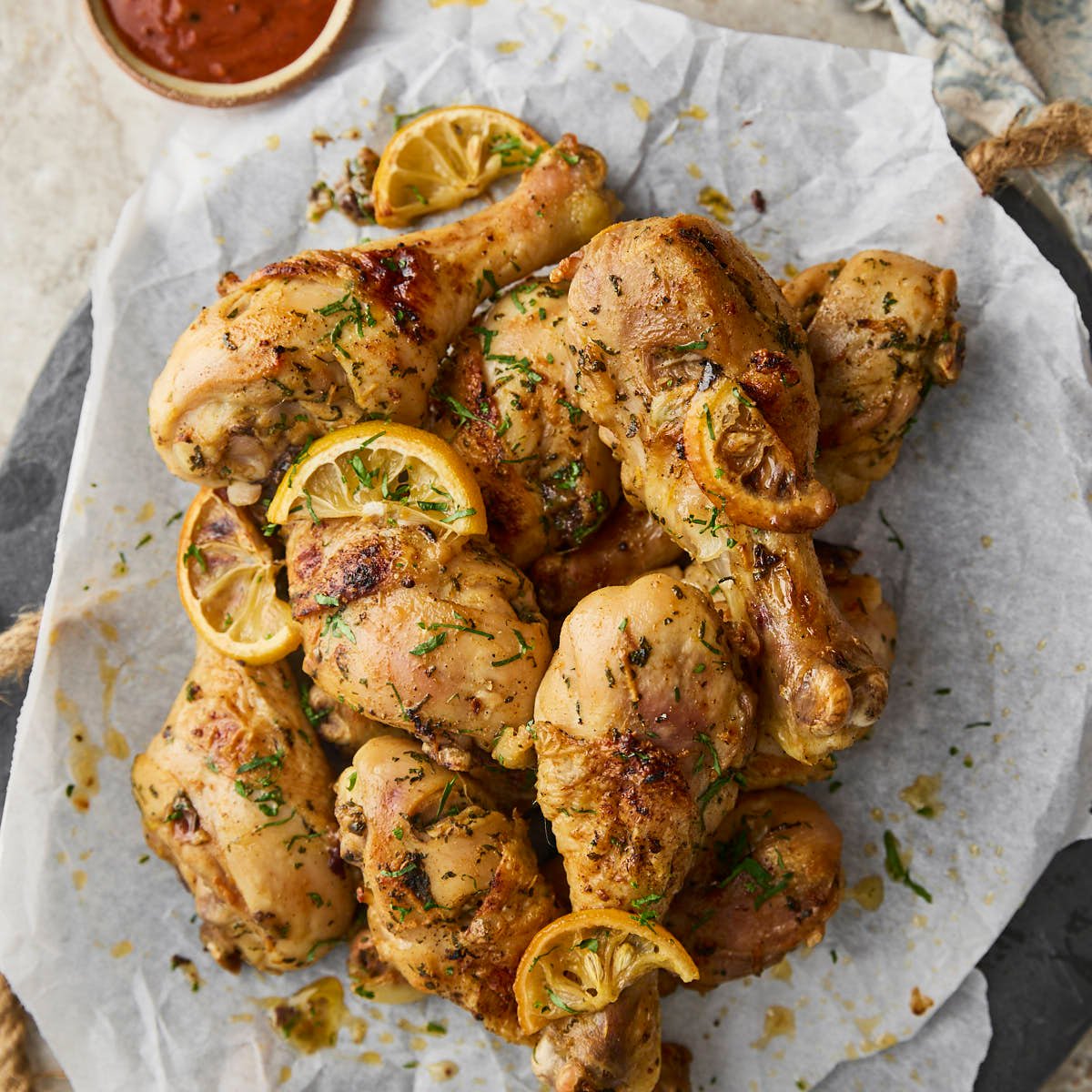 Baked lemon pepper chicken drumsticks with lemon slices on a serving platter.